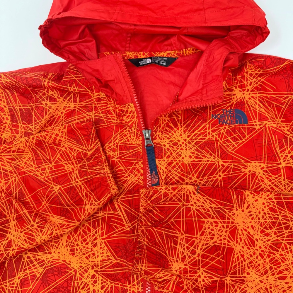 The North Face Boys XL 18/20 Red Orange Scribble Print Hooded Windbreaker Jacket